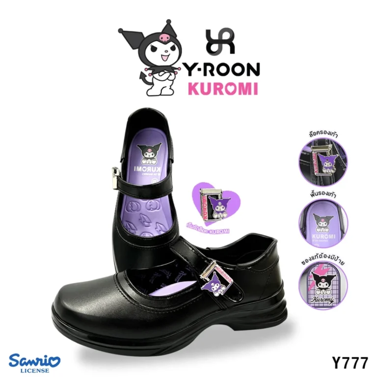 Y-Roon X Kuromi รองเท้านักเรียนหญิง หนังสีดำ พื้นม่วง ลายคุโรมิ Size 33-42 รุ่น Y777