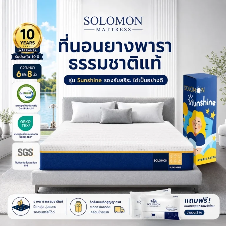 Solomon ที่นอนยางพารา หนา8 นิ้ว รุ่น Sunshine ลดปวดหลังดีเยี่ยม แถมหมอนหนุน